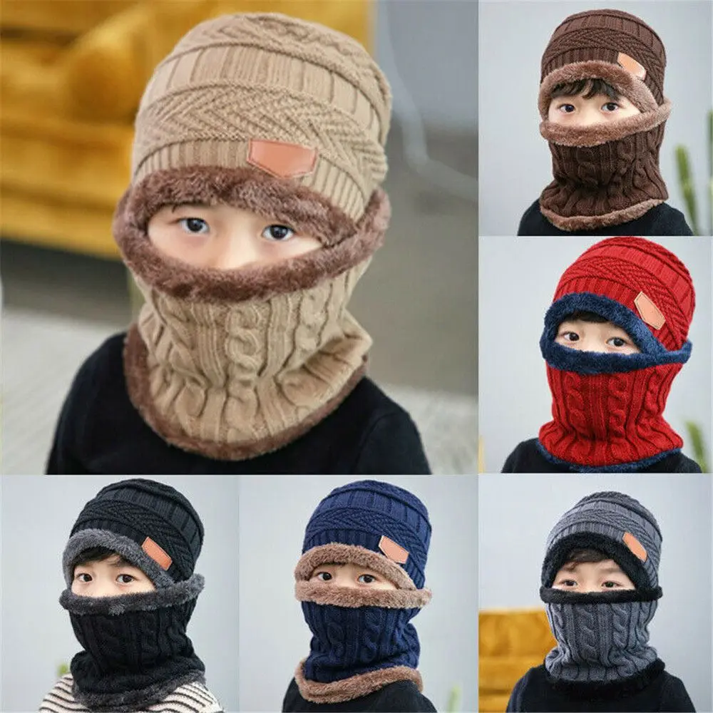 Kinder Winter Halstuch Mütze Set Mode Beanie Warme Mütze Schal Set Hals Abdeckung Fleece Gestrickte Dicke Ski Cap Warme Sturmhaube Image