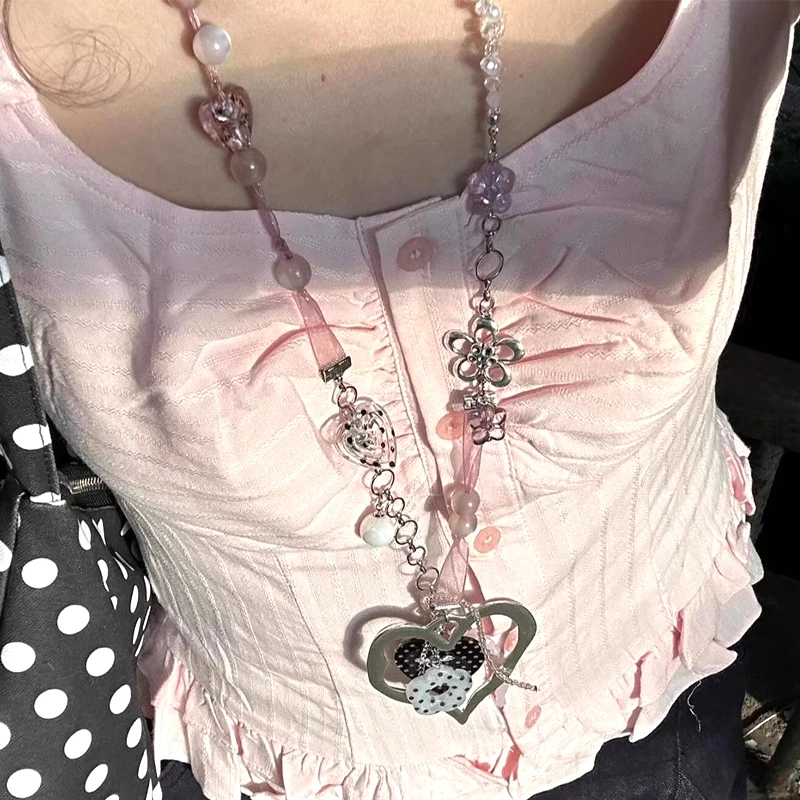 Y2K Schmuck Rosa Herz Polka Dot Blume Anhänger Halskette für Frauen Vintage Kawaii Zubehör Kette Punk Koreanische Mode Halskette