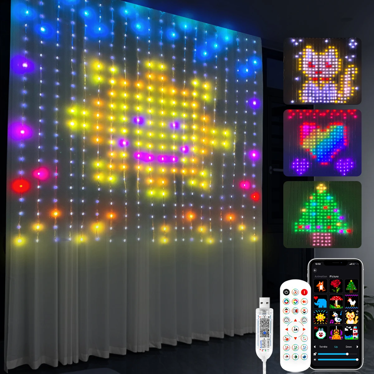 2M x 2M, 3M x 3M DIY Muster Smart USB LED Vorhang Licht APP Steuerung RGB Dimmbare Weihnachten licht String Fenster Zimmer Neue Jahr Dekor Image