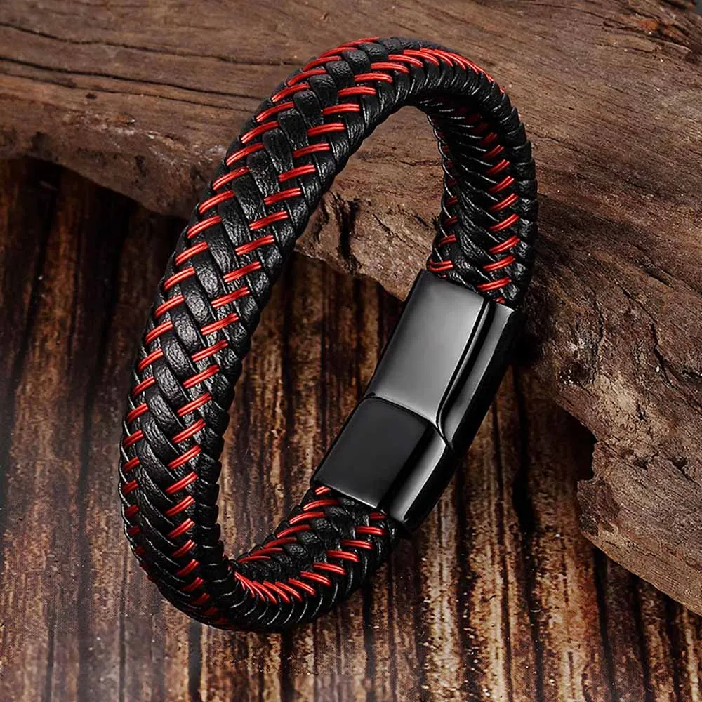 Trendy Männer Schmuck Rot Geflochtenes Leder Seil Armband Schwarz Magnetische Schnalle Armbänder Punk Männer Handgelenk Band Pulsera Hombre