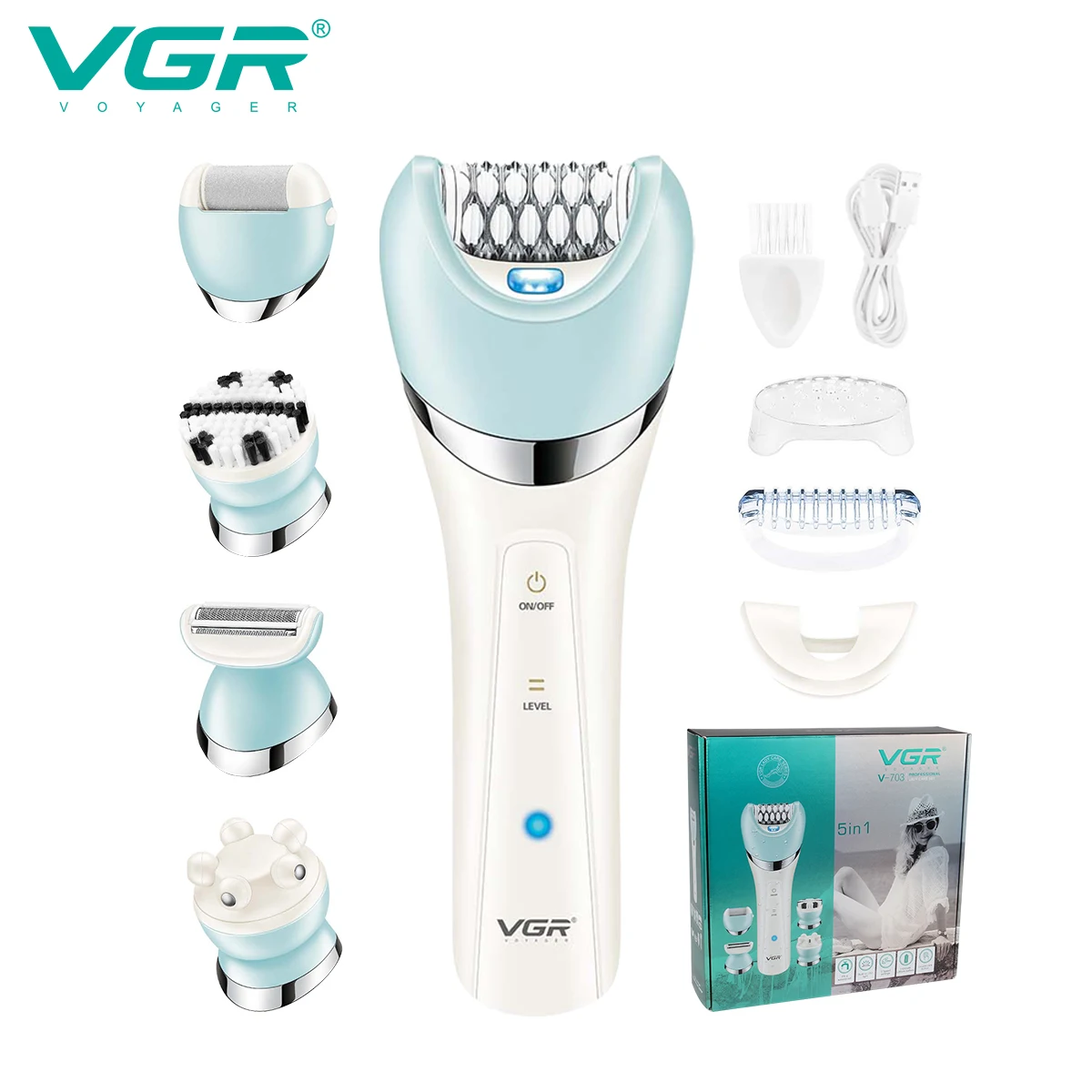 VGR Epilierer 5 In 1 Elektrische Frauen Epilierer Weibliche Rasierer Bein Körper Haarentferner Dame Bikini Trimmer Gesichts Reinigung Massage V-703 Image