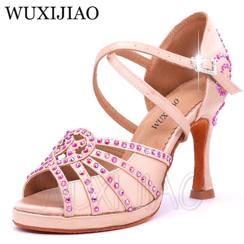 WUXIJIAO Latein-Tanzschuhe, rote Flash-Strasssteine, glänzende Haut, schwarzer Satin, Damen-Salsa-Party, Ballsaal-Schuhe, Kuba, 9 cm Absatz