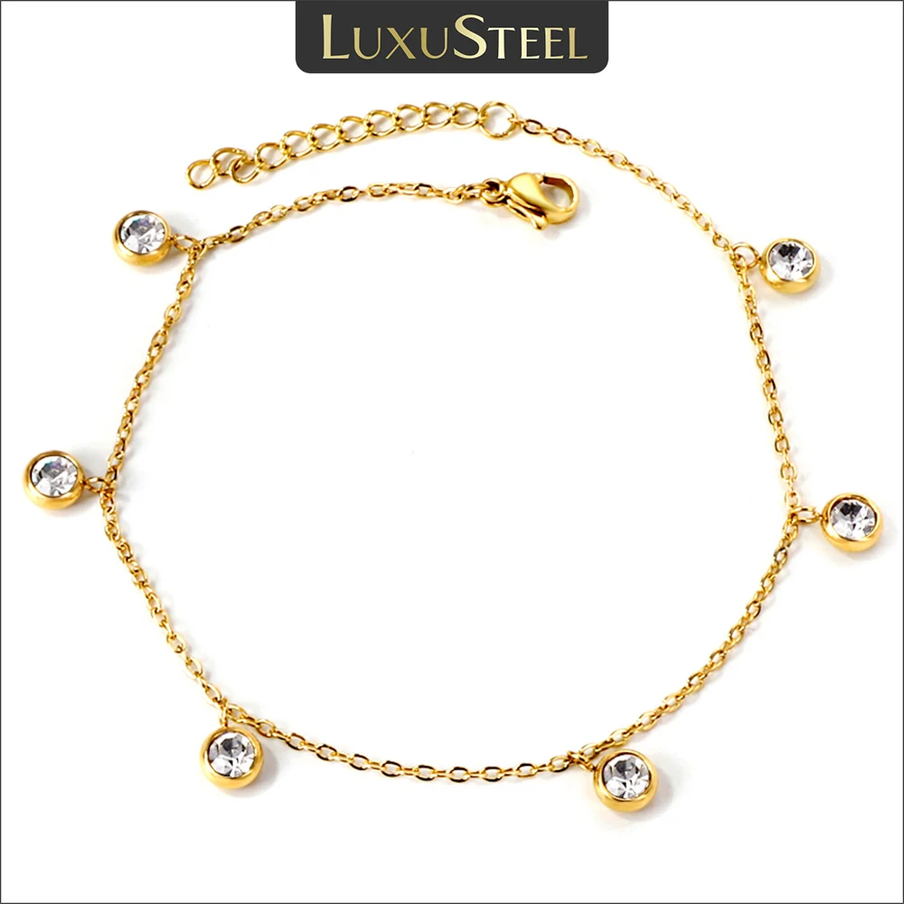 LUXUSTEEL Edelstahl-Fußkettchen für Damen, vergoldet, rund, CZ-Kristall, Strass-Charm, allergiefrei, Fußkette, Strandschmuck Image