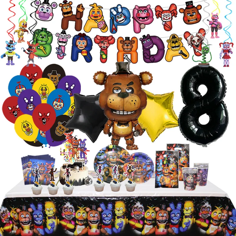 FIve Night At Freddys Geburtstagsparty-Dekoration, FNAF-Aluminiumfolienballon für Kinder, Event-Zubehör, Einweggeschirr-Banner Image