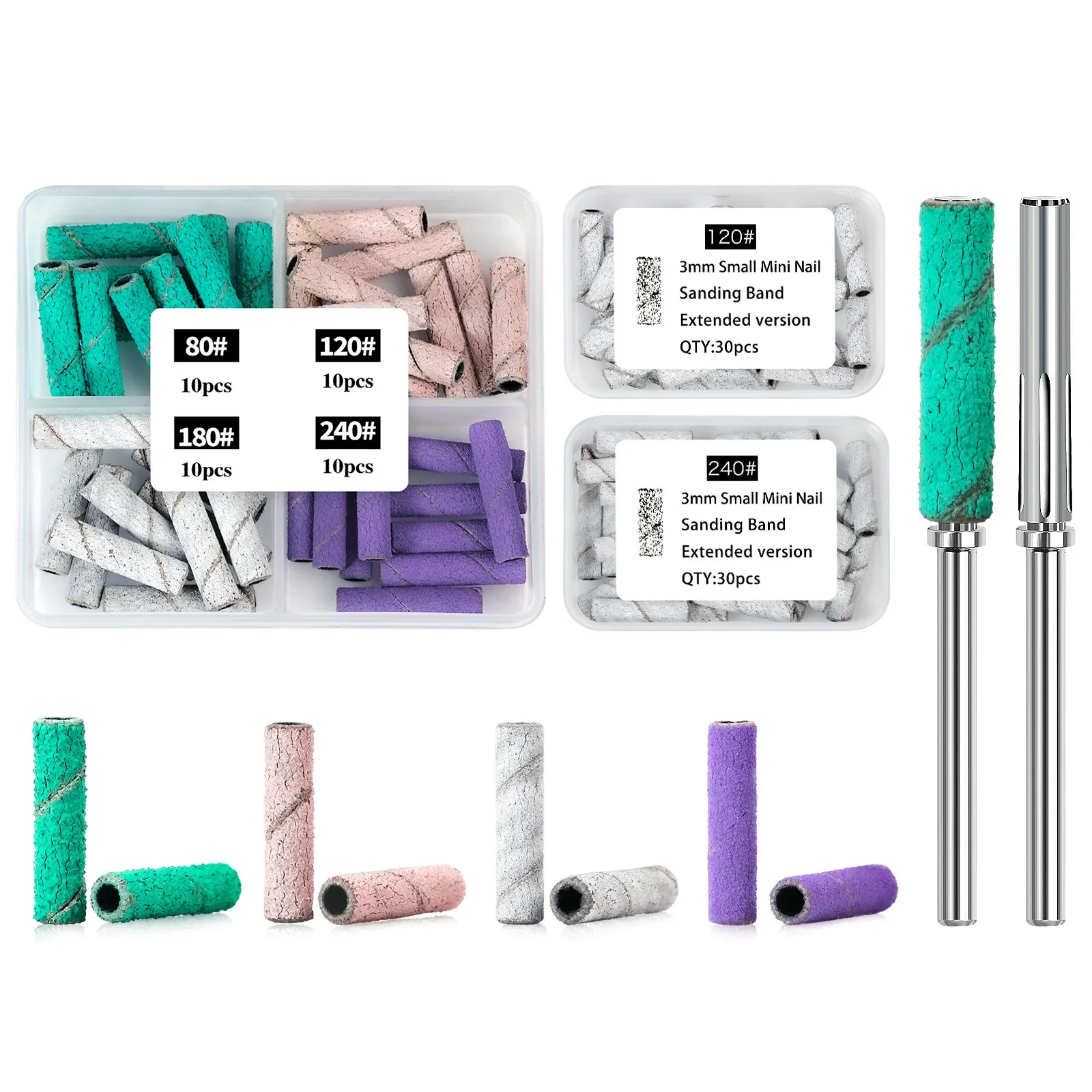 30/40 Stück 3 mm Mini extra lange Schleifbänder-Sets zur Entfernung von Acryl- und Poliergel 80 # 120 # 180 # 240 # Nagelhautbohrer aus Edelstahl Image