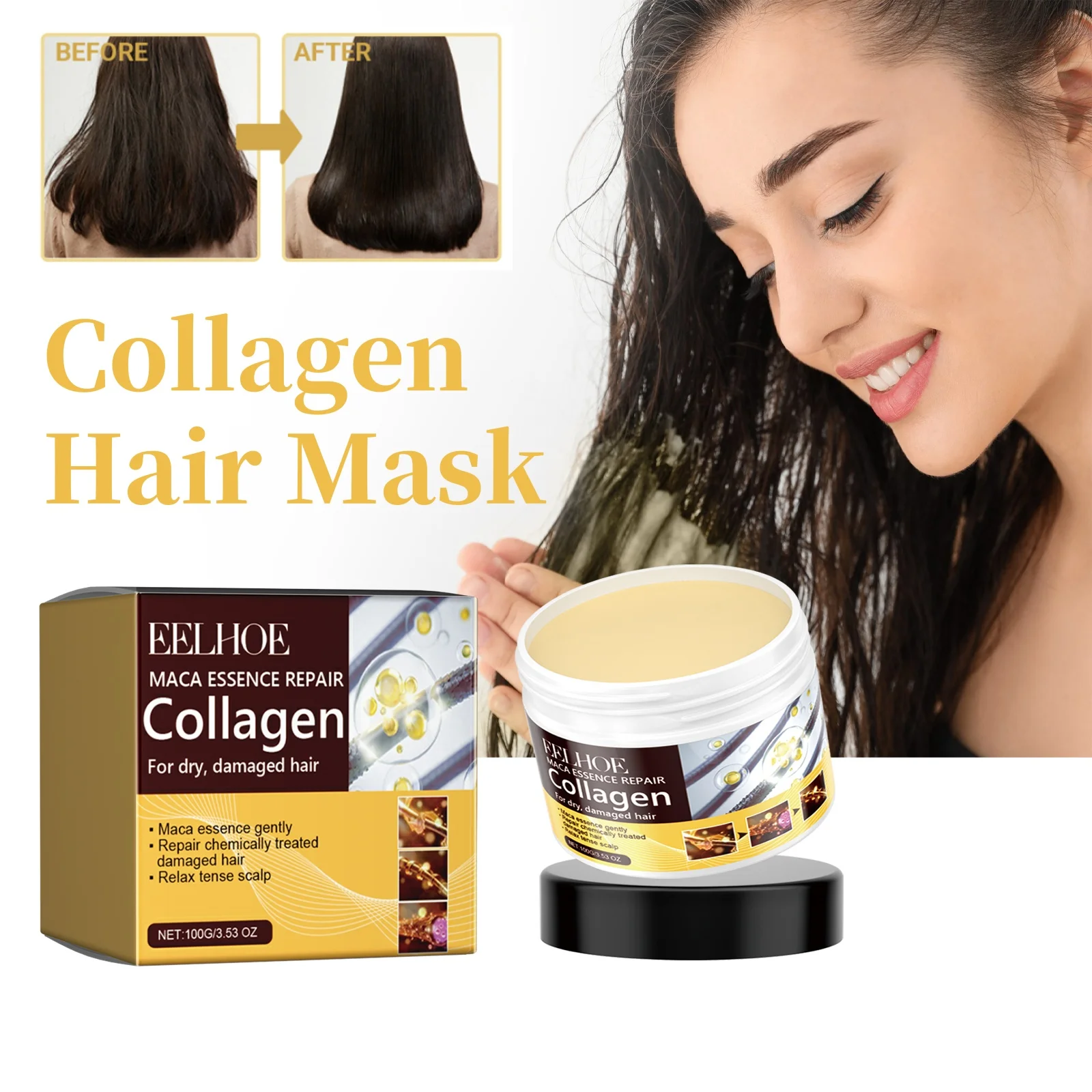 Kollagen-Haarmaske reduziert Trockenheit und Frizz, verhindert Spaltung der Haare, spendet Feuchtigkeit, macht das Haar weich und verbessert die Haarstruktur. Haarpflegemaske Image