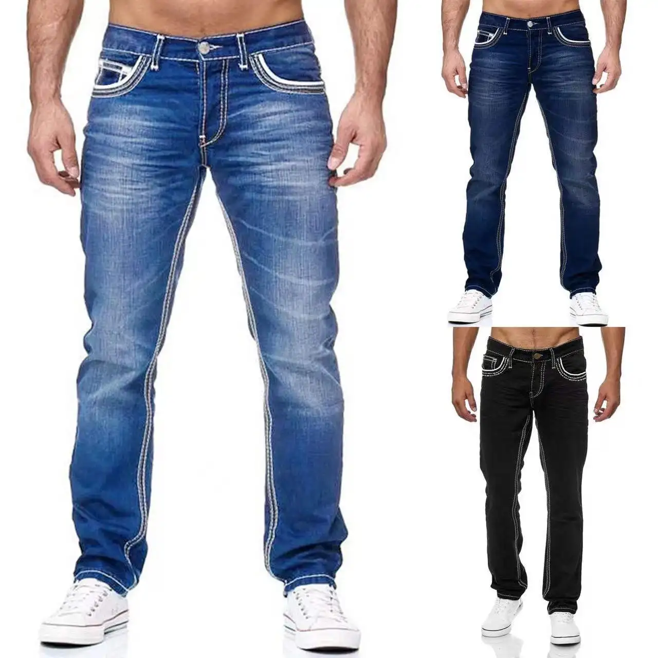Vintage Männer Jeans Jeans hose gewaschene Taschen Mitte Taille Reiß verschluss fliegen locker sitzen Punk-Stil Distressed knöchel lange gerade Jeans