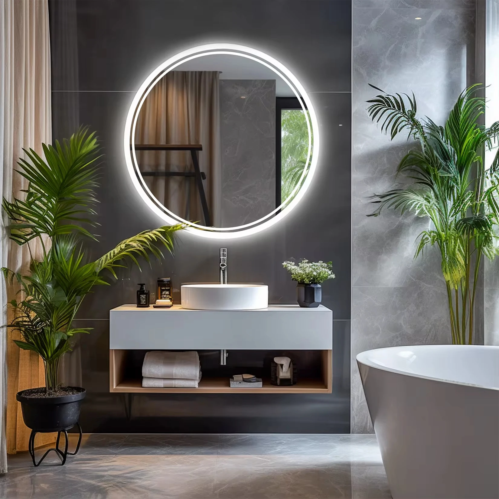 LED HD Smart Badezimmerspiegel mit Lichtern, kreisförmiger, beleuchteter Badezimmerspiegel, Wandmontage, beleuchteter Spiegel, fortschrittlicher Badezimmerspiegel