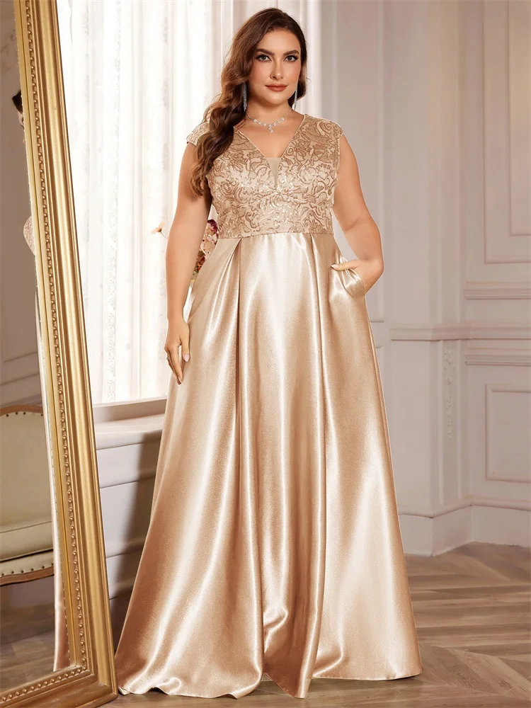 Plus Size Gold Luxus V-Ausschnitt Pailletten Stickerei mit Tasche Abendkleider Elegante Frauen Hochzeit Party Cocktailkleider Event