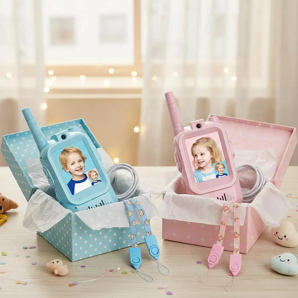 2 Stück niedliches Kinder-Video-Walkie-Talkie, 2-Zoll-HD-Bildschirm, wiederaufladbare Sprachschriftarten, One-Click-Anruf, Kindergeschenke mit 4 Spracheffekten Image