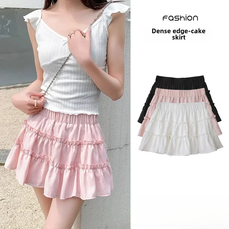 Elegantes rosa Mini kleid neuer Sommer dünner Stil Französisch Ballett Design Kuchen Rock Spitze Rand Frauen JK Rock