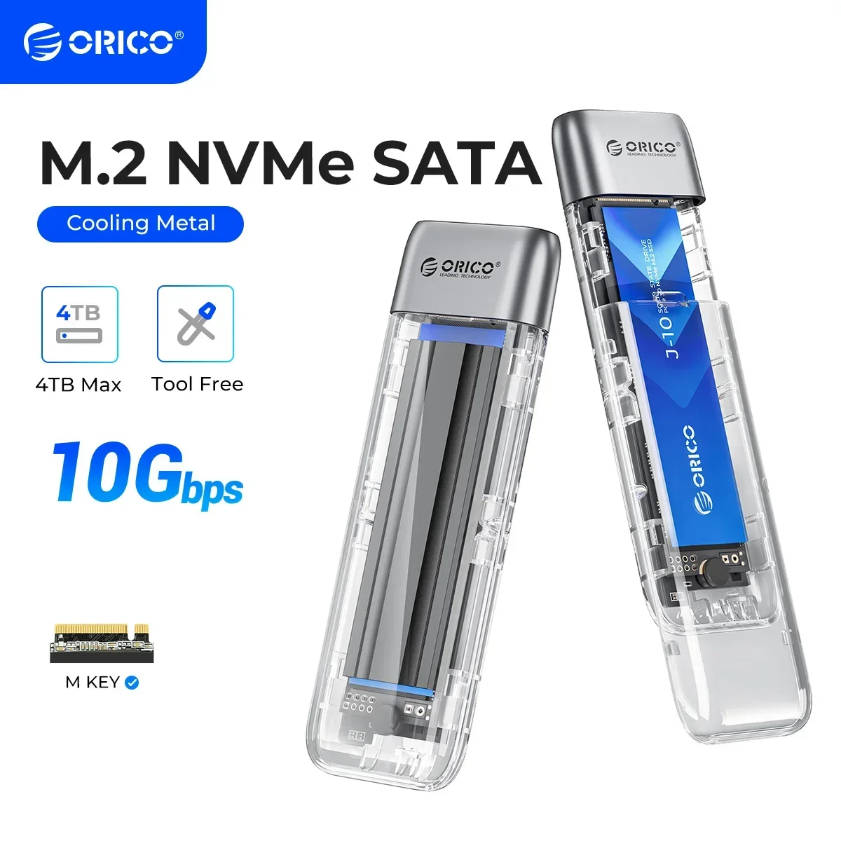 ORICO M.2 SSD-Gehäuse NVME SATA SSD-Gehäuse-Tool Kostenloser 10 Gbit/s M.2 auf USB Typ C Transparenter externer Adapter tragbar Image