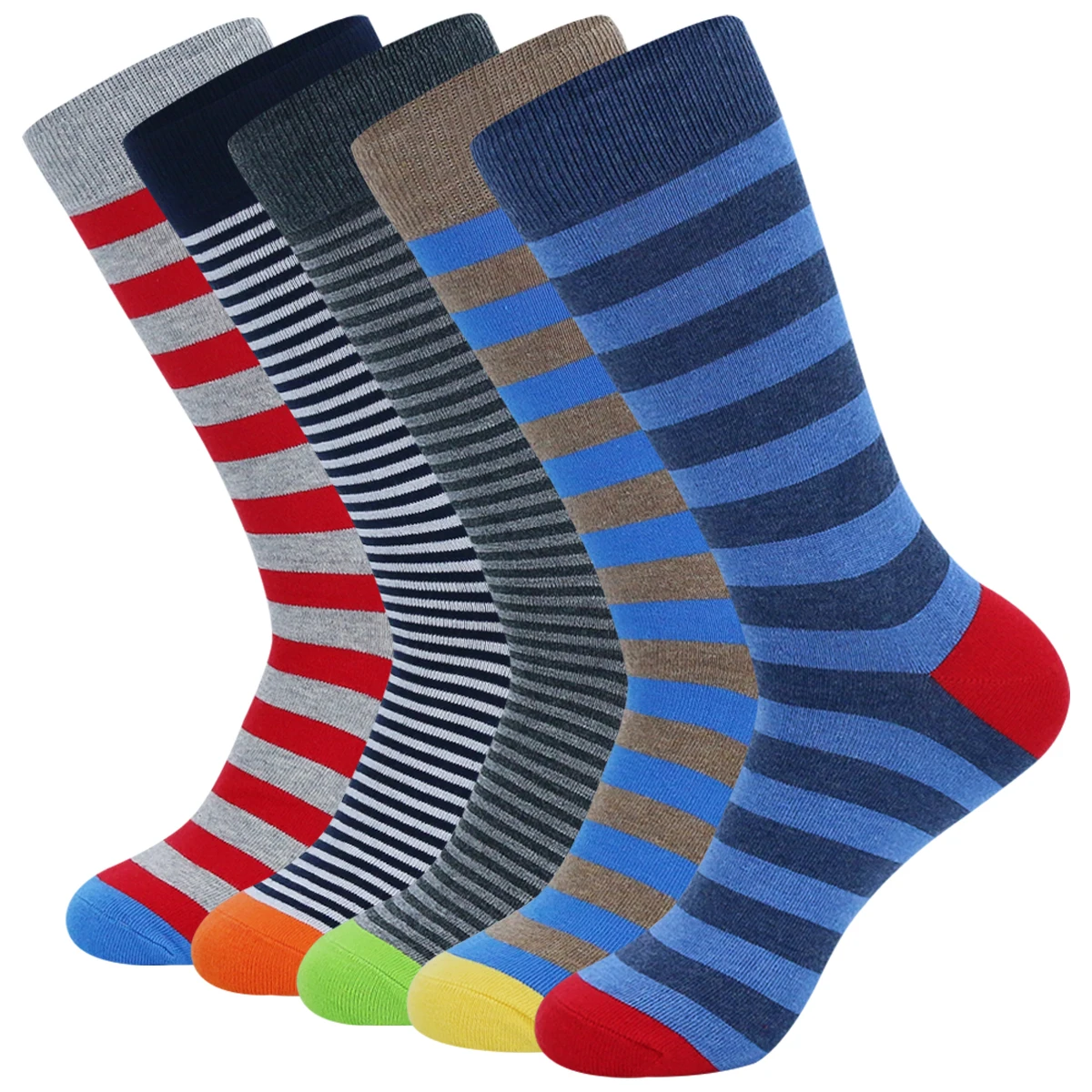 5 Paar lustige Herrensocken, lustiges Muster-Sockenpaket, bunt gestreifte Socken aus gekämmter Baumwolle, coole, atmungsaktive Freizeitsocken Image