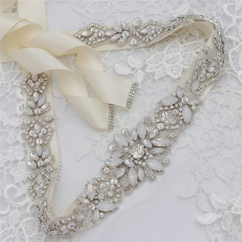 Jonnafe Mode Opal Kristall Braut Schärpe Perlen Hochzeit Kleid Bund Silber Farbe Kleid Gürtel Zubehör Image