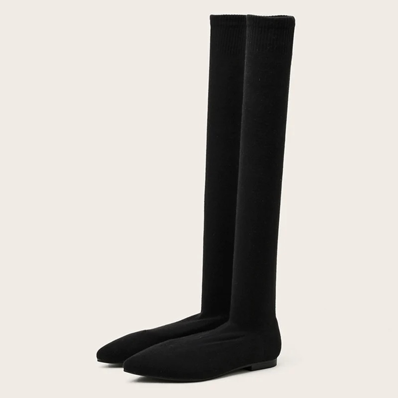 Größe 34–40, modische, schmale Bein-Oberschenkel-hohe Sockenstiefel für Damen, schwarzer Stretch-Stoff, spitze Zehen, flache Absätze über dem Knie, Slip-on-Schuhe