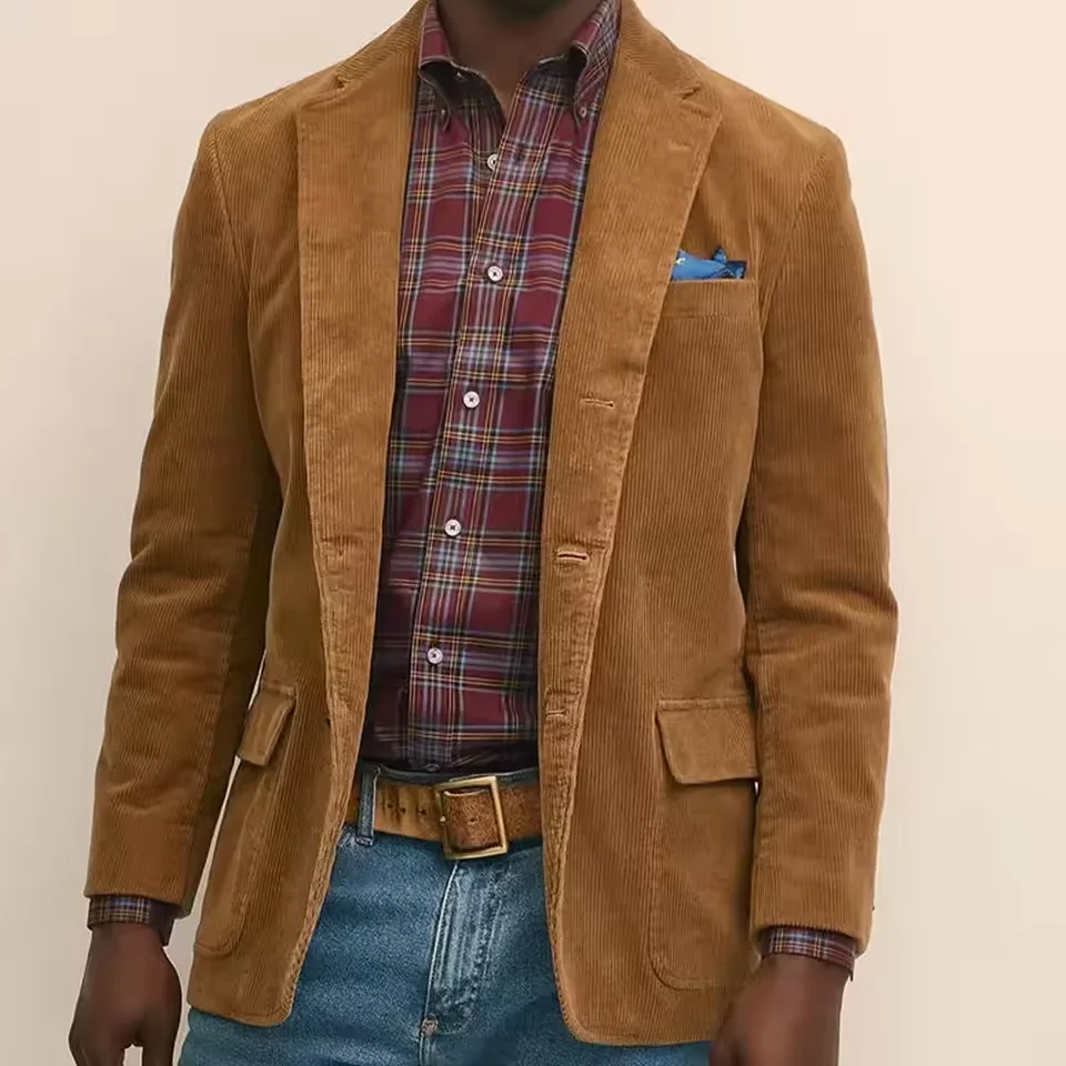 Herren-Blazer aus Cord, einreihig, Mischgewebe, gekerbtes Revers, bequem, atmungsaktiv, Business-Casual-Anzug, Oberbekleidung, Mantel Image