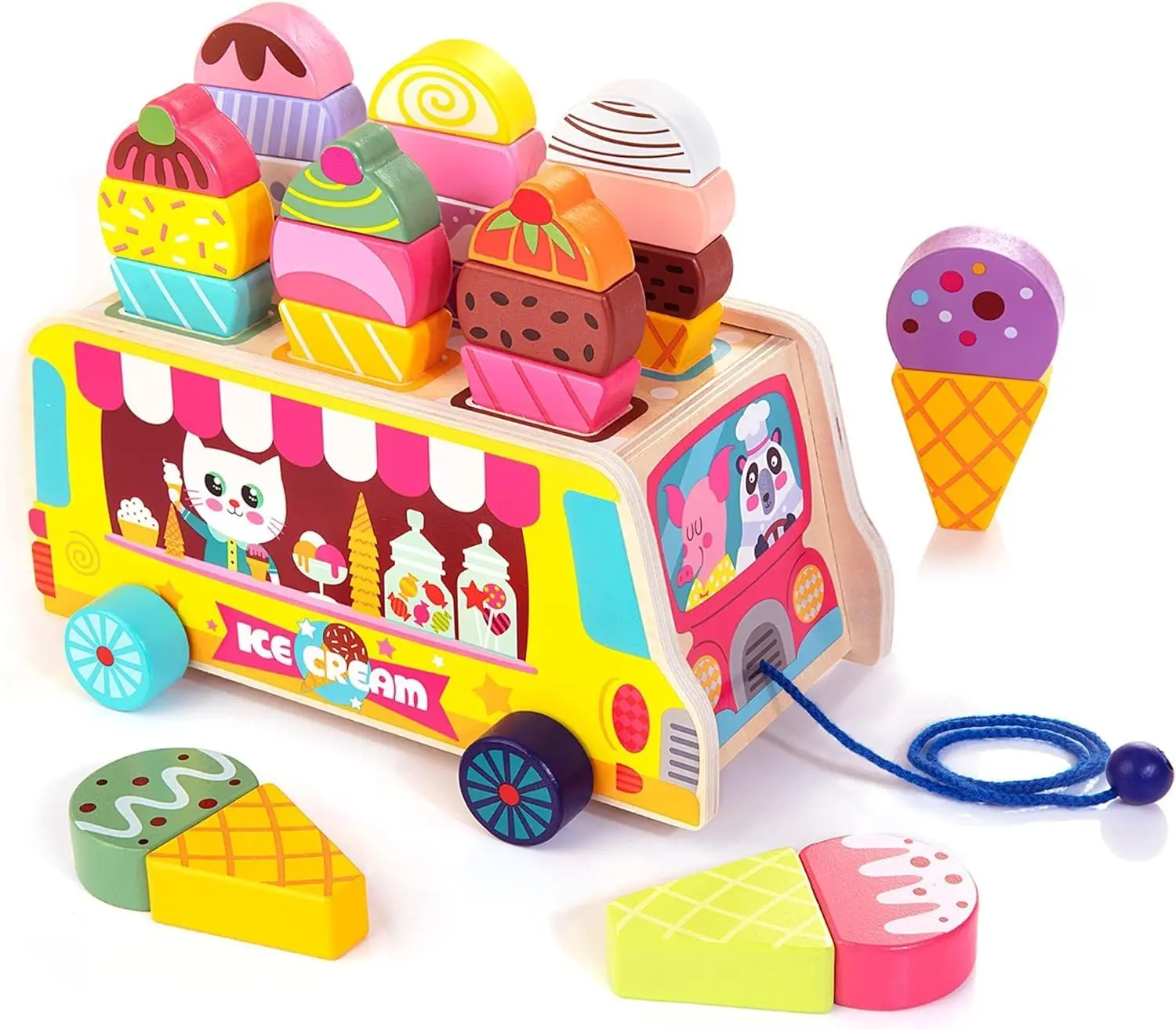 28-teiliges magnetisches Eis, süße Leckereien, Rollenspiel, Eiswagen aus Holz, Essen und Zubehör, Montessori-Sortier- und Stapelspielzeug Image