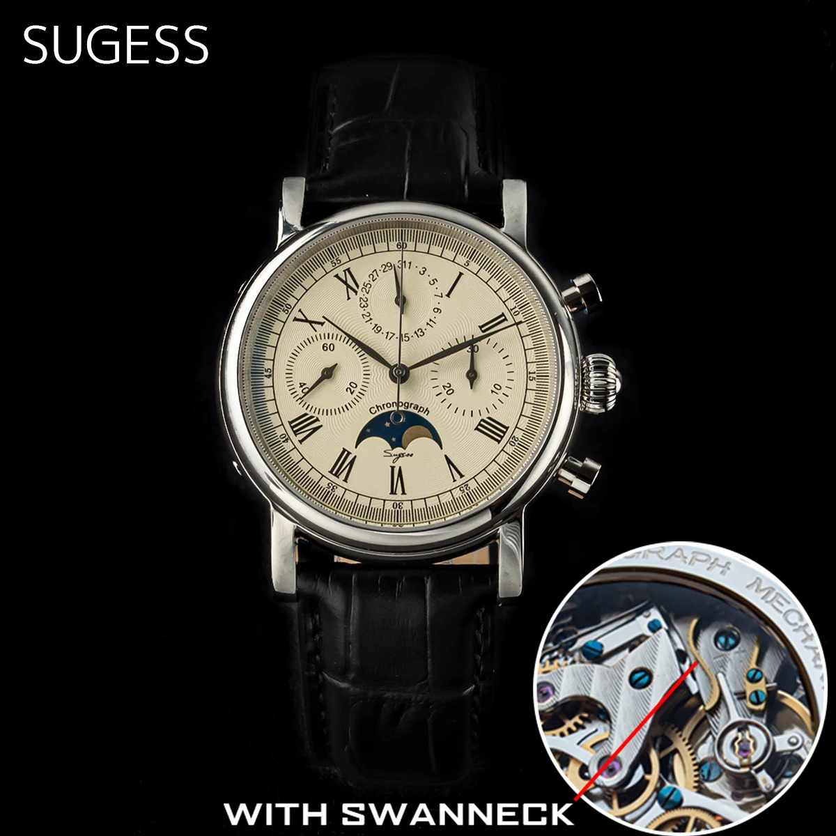 Sugess Herrenuhr ST1908 Schwanenhals-Uhrwerk, mechanische Chronographen-Armbanduhr, echter Mondphasenkalender, Vintage-Leder, NEU 2023 Image