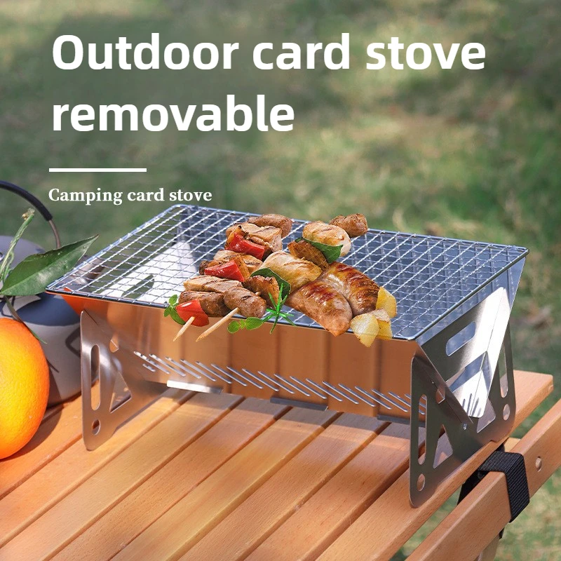 Mini Barbecue Grill Picknick Holzkohle Camping Werkzeuge Outdoor Klapp Karte-typ Edelstahl Tragbare Kleine Holzkohle Herd Brenner Image