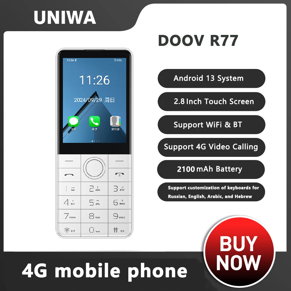 DOOV R77 Smart Touch Screen Tastatur Mobile 4G Telefon ohne Kamera 3GB + 32GB 2100mAh 2,8 Zoll Smartphone Android Hebräische Tastatur Image