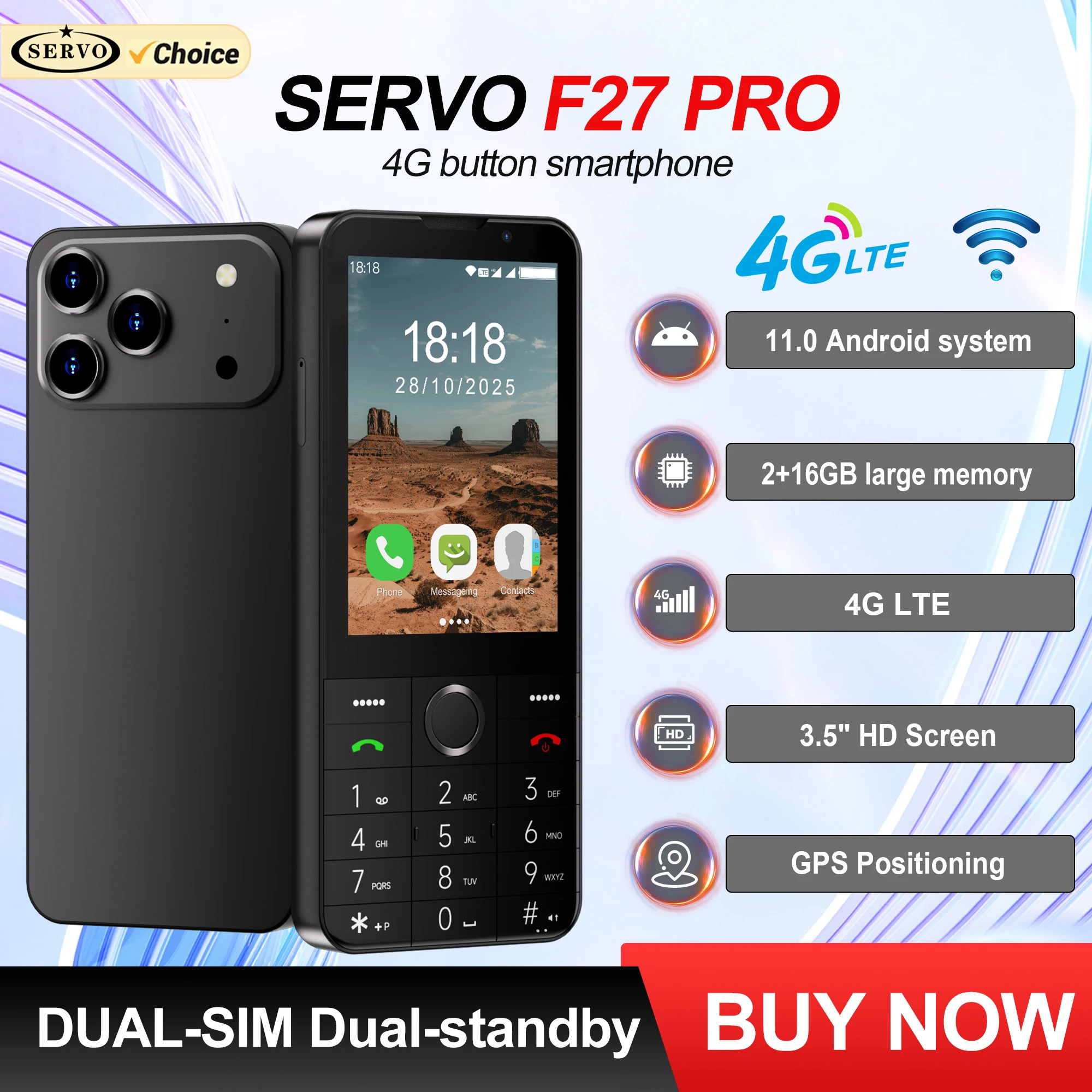 SERVO F27 PRO 4G-Tasten-Smartphone, Android 11-System, RAM, 2 GB ROM, 16 GB, WhatsApp-Geschwindigkeitswahl, 3,5-Zoll-Touch-Display, 2 SIM-Smartphones