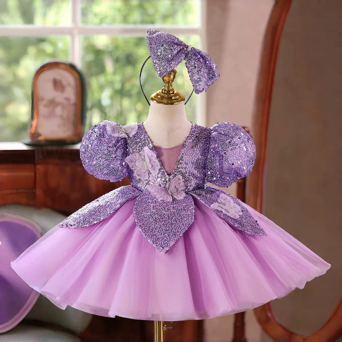 Jill Wish J881 Luxuriöses Lila Pailletten-Mädchenkleid Puffärmel Schleife Schmetterling Tüll Prinzessinnen-Kindergeburtstagskleid Image