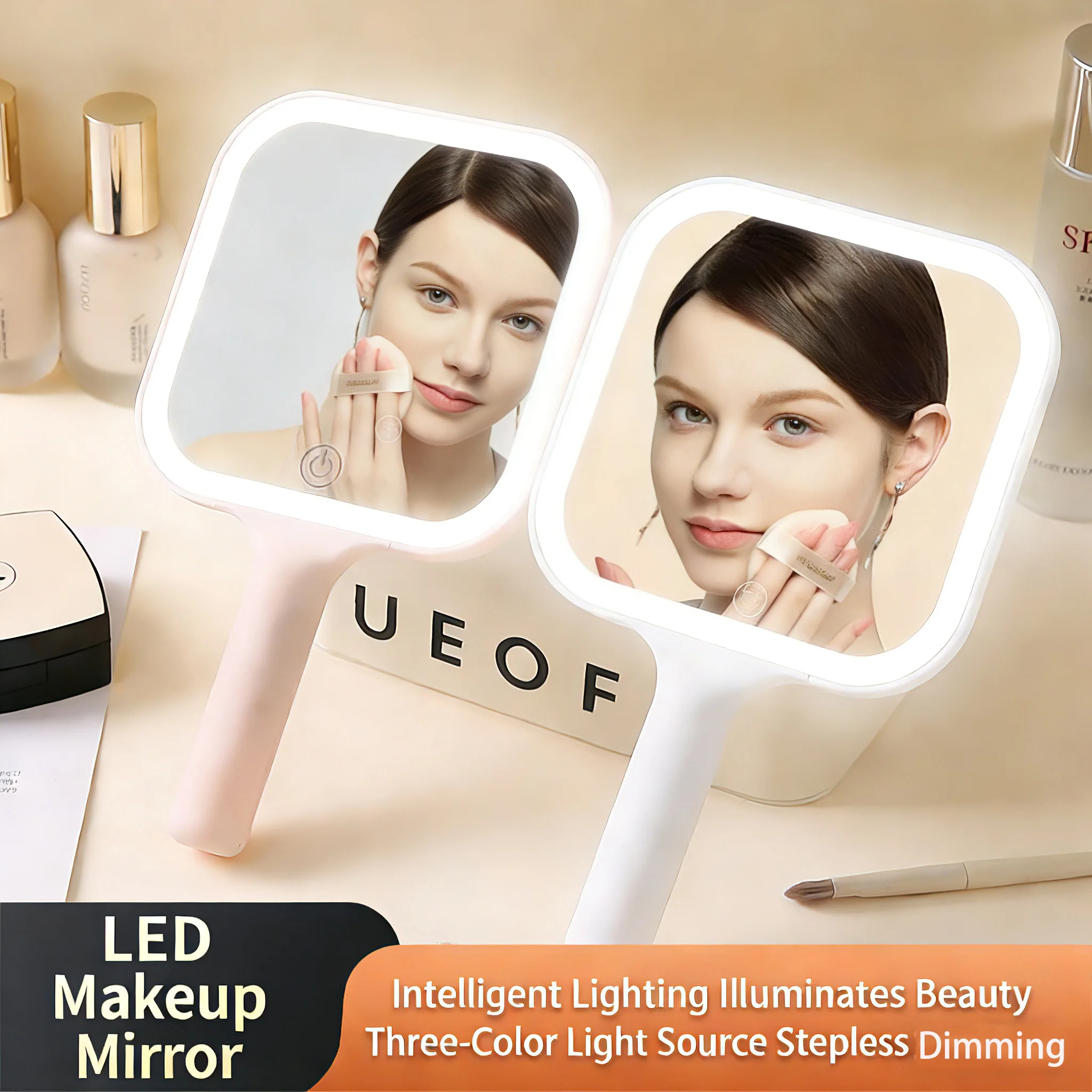 LED-Smart-Make-up-Spiegel, handgehalten, 3 Farben, verstellbar, hell mit Touchscreen, Kosmetik-Tischspiegel, für Reisen und Heimgebrauch Image