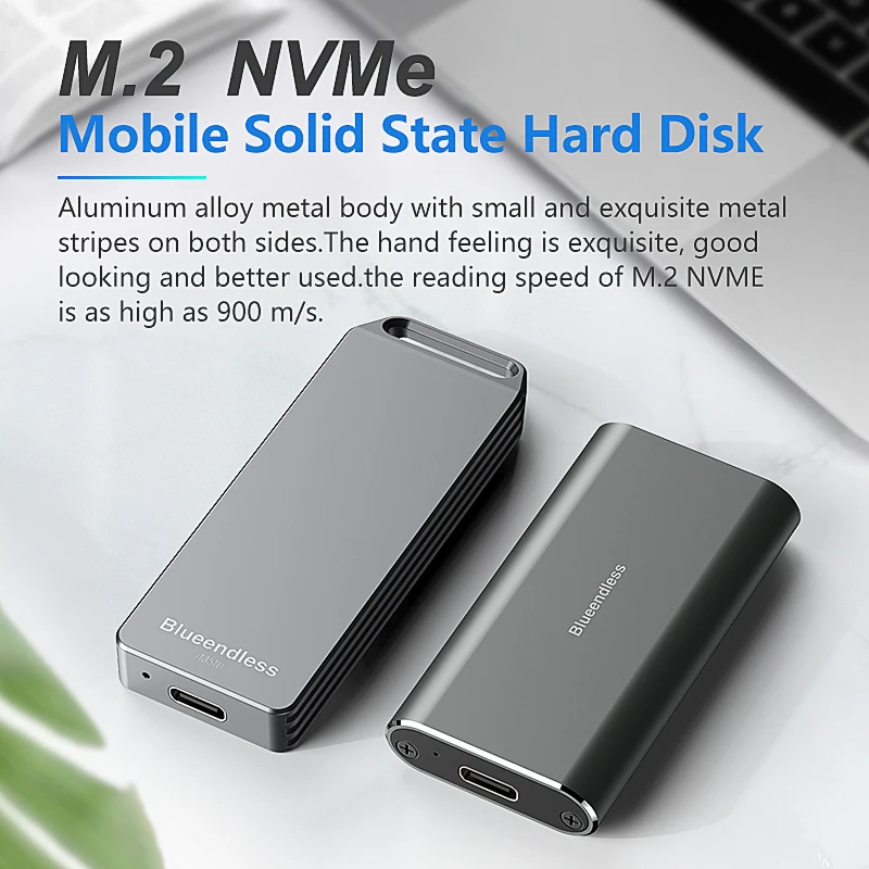 Blueendless Mini M.2 NVME Mobile Solid State Festplatte 2242, tragbar, komplett aus Aluminium, Typ-C-Computer, externe mobile Festplattenbox Image