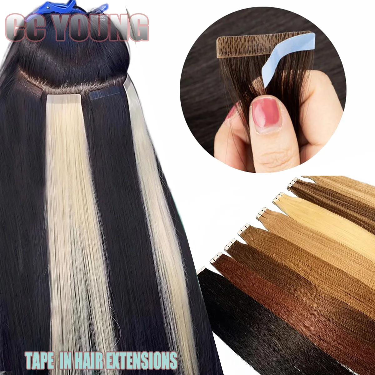 100 % Echthaar-Tape-in-Haarverlängerungen, seidige glatte Remy-Haarverlängerungen für Frauen, um das Haarvolumen und den natürlichen Look hinzuzufügen Image