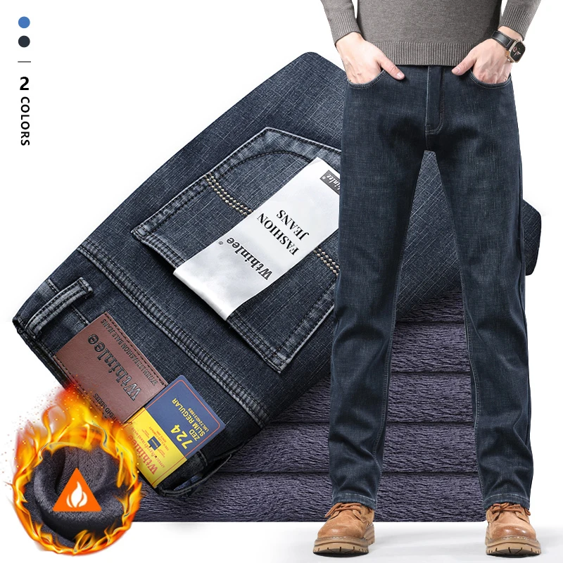 Hohe Qualität Winter Warme Fleece Jeans Männer Vintage Verdicken Denim Hosen Arbeit Samt Beflockung Blau Verdicken Hosen Plus Größe 40