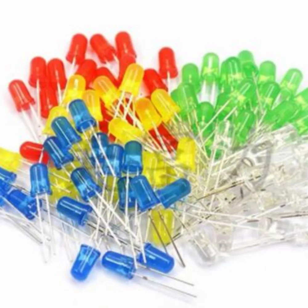 5 Arten x 20 Stück = 100 Stück 5 mm LED-Licht, sortiertes Kit, DIY-LED-Set, Weiß, Gelb, Rot, Grün, Blau, 5 Arten x 20 Stück