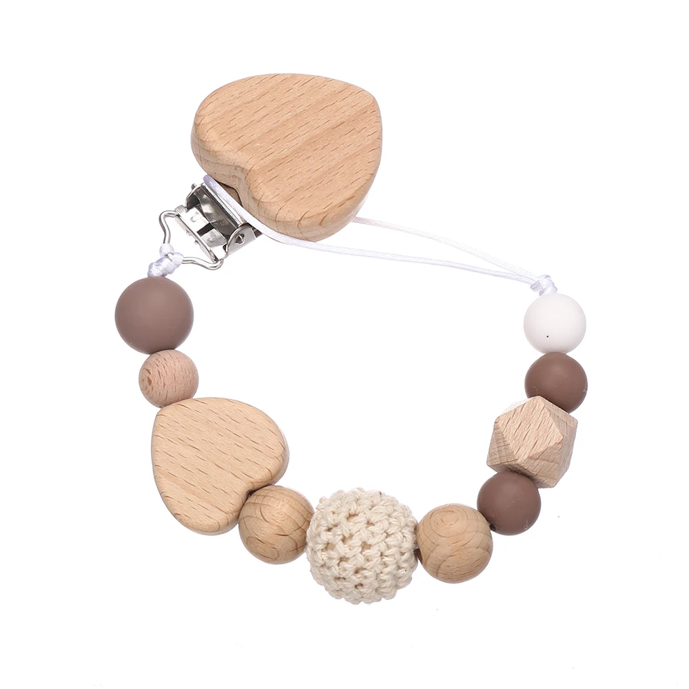 Handgefertigter Schnullerclip aus Herz aus Holz, Silikonperlen, natürliches Buchenholz, Babyparty-Geschenk Image
