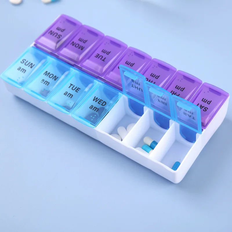 Wöchentliche tragbare Reise-Pillenetuis-Box, 7-Tage-Organizer, 14 Gitter, Pillenbehälter, Aufbewahrung, Tabletten, Vitamine, Medizin, Fischöle Image