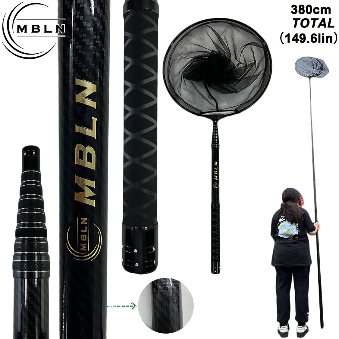 MBLN Kohlefaser-Schaufelnetz, 3 m Teleskopstange, 45 cm Netzkopf, gefaltete Länge 58,5 cm, doppelschichtige Kohlefaser, positionierbar Image