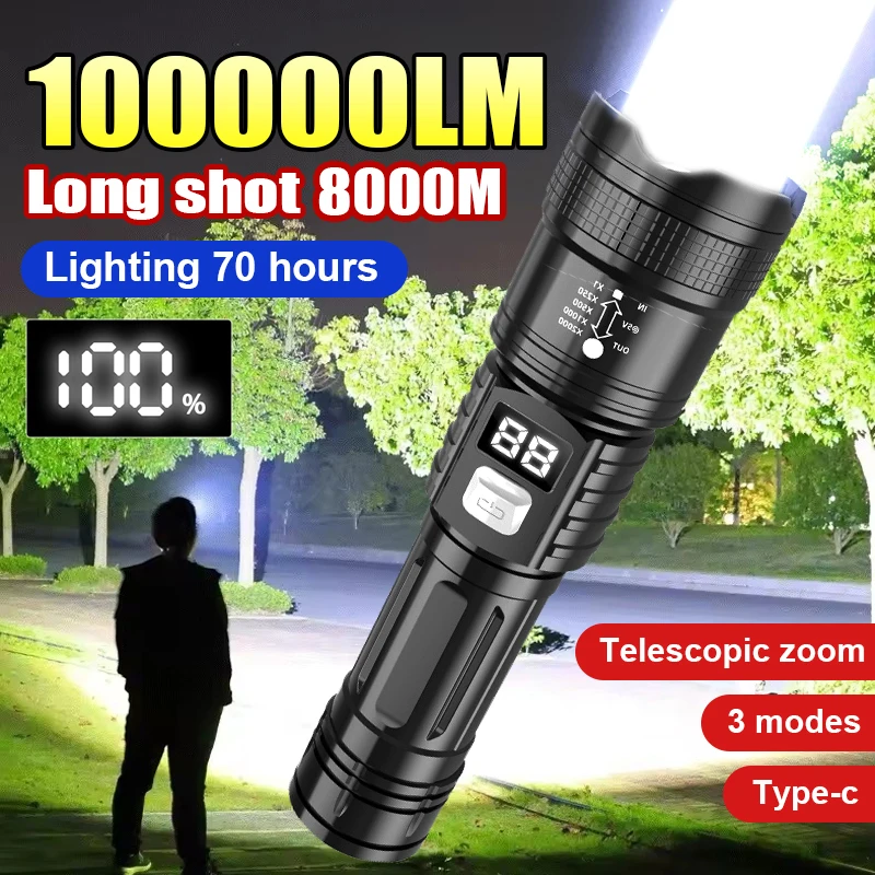 100000LM superhelle Taschenlampe Typ C wiederaufladbare LED-Taschenlampe mit großer Reichweite, taktische Lampe für wasserdichte Camping-Laterne im Freien Image