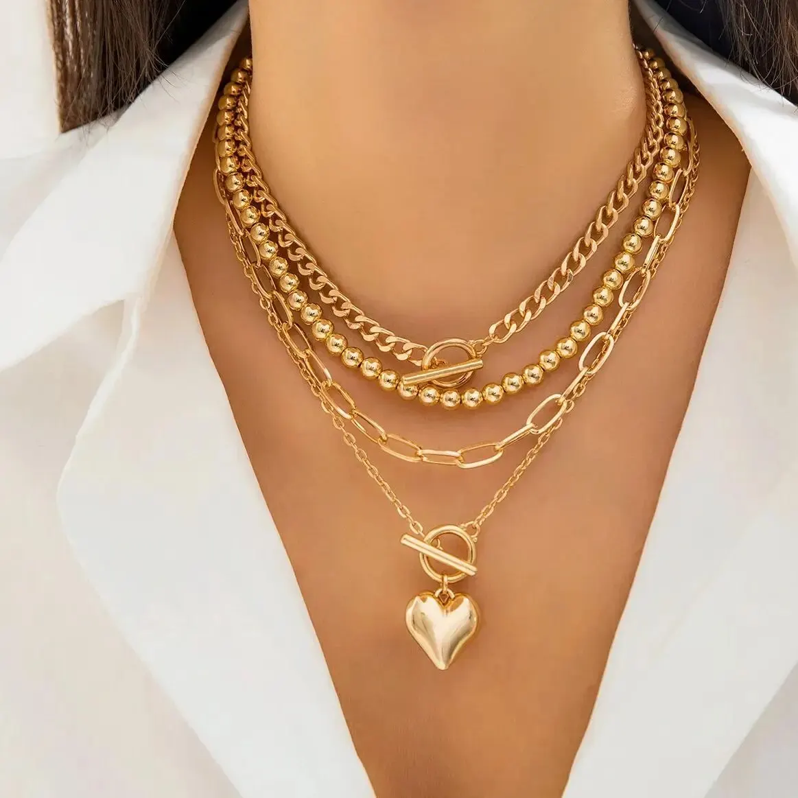 4 Teile/satz Punk Gold Farbe Herz Anhänger Halskette für Frauen 2024 Trendy OT Schnalle Perlen Hals Kette Halsband Y2K Schmuck Zubehör
