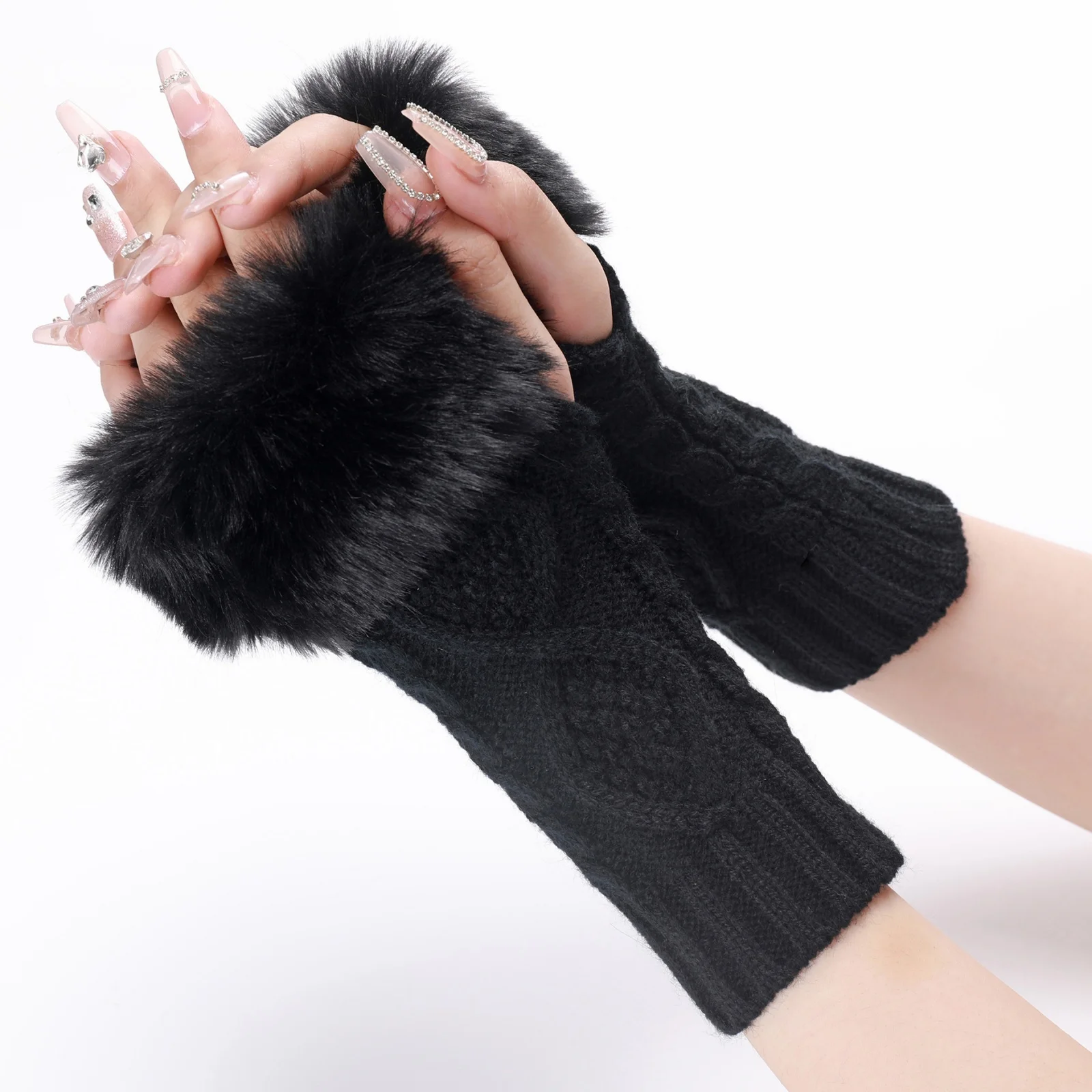 Ein Paar gestrickte fingerlose Handschuhe für Herbst und Winter mit Kunstfellmanschette – warme Zopfmuster-Handärmel für Damen Image