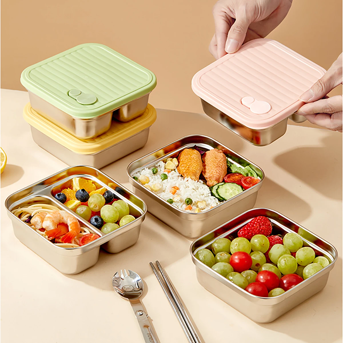 WORTHBUY Lunchbox aus Edelstahl 304, mit Deckel, tragbarer Obstsalat-Lebensmittelbehälter, stapelbar, auslaufsicher, Bento-Box für Studenten Image