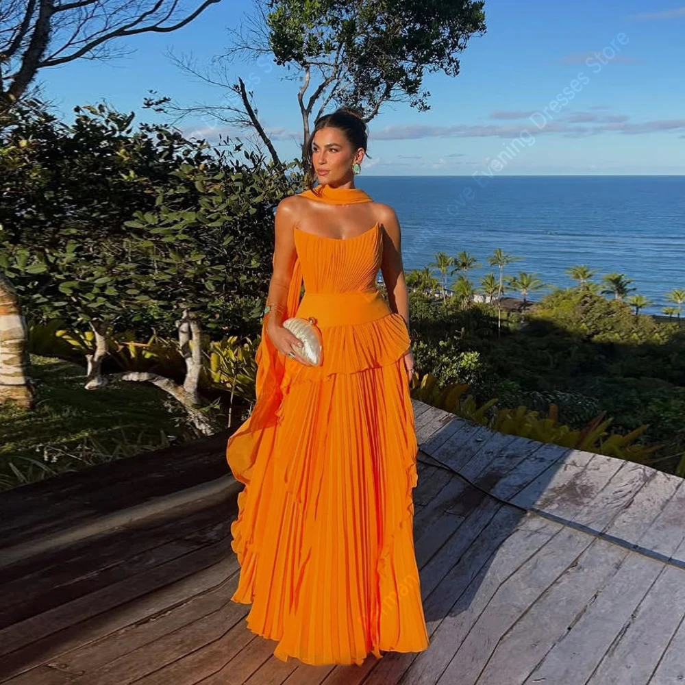 Elegante Orange Rüschen Frauen Abendkleider Elegante Ärmellose A-Line Prom Kleider Cocktail Party Vestidos Para Mujer Angepasst