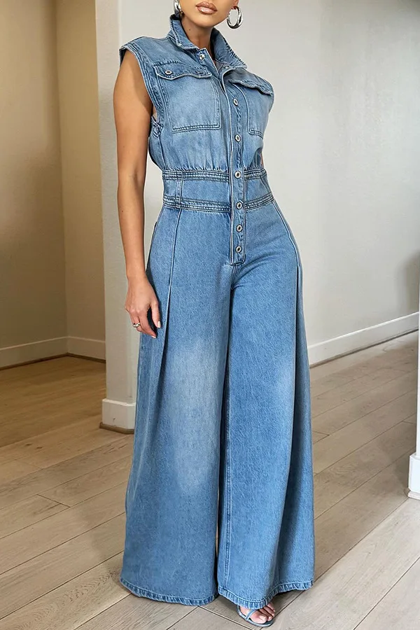Gewaschen Denim Overalls Frauen Mode Revers Taste Hohe Taille Ärmellose Overall Streetwear Frühling Sommer Neue Weibliche Kleidung Image