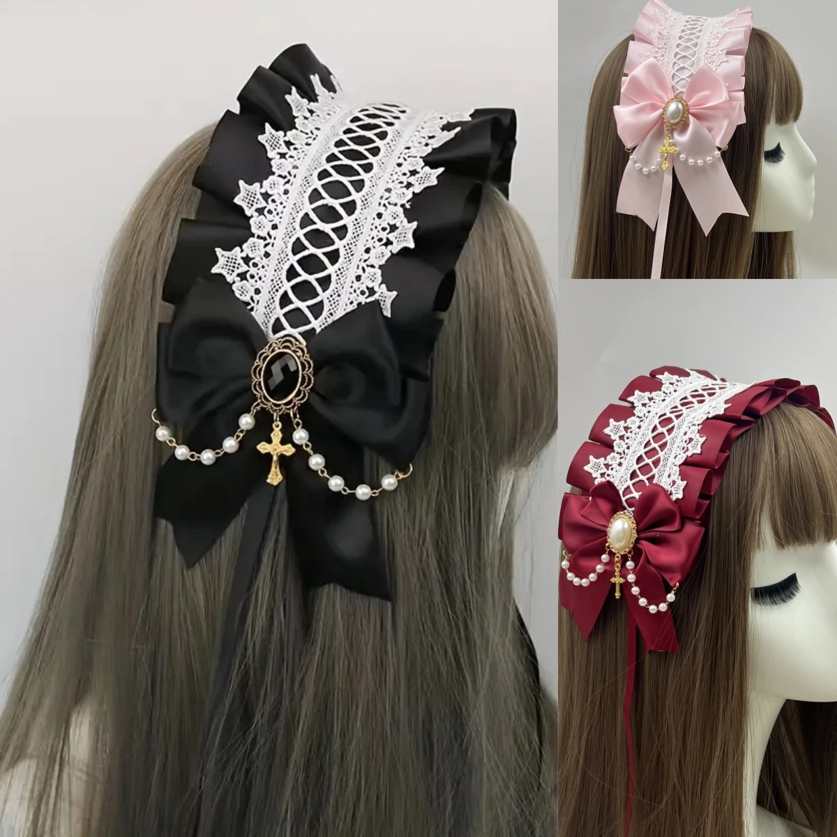 Frauen Gothic Lolita Breite Spitze Kopfschmuck Maid Spitze Handgemachte Vielseitige Haar Zubehör Nette Cosplay Stirnbänder Süße Haarnadel Image