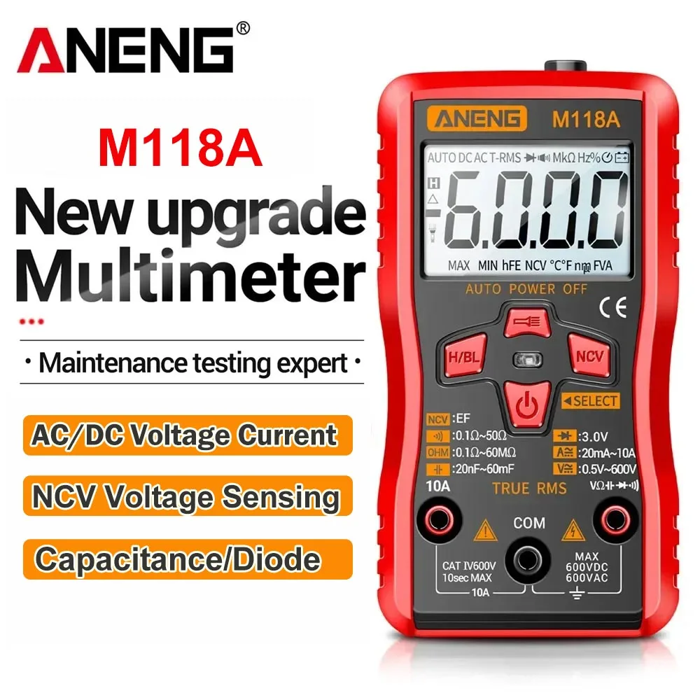 Digitaler Mini-Multimeter-Tester, Auto-Mmultimetro ANENG M118A, True Rms-Transistor-Messgerät mit NCV-Datenspeicherung, 6000 Zählungen, Taschenlampe Image