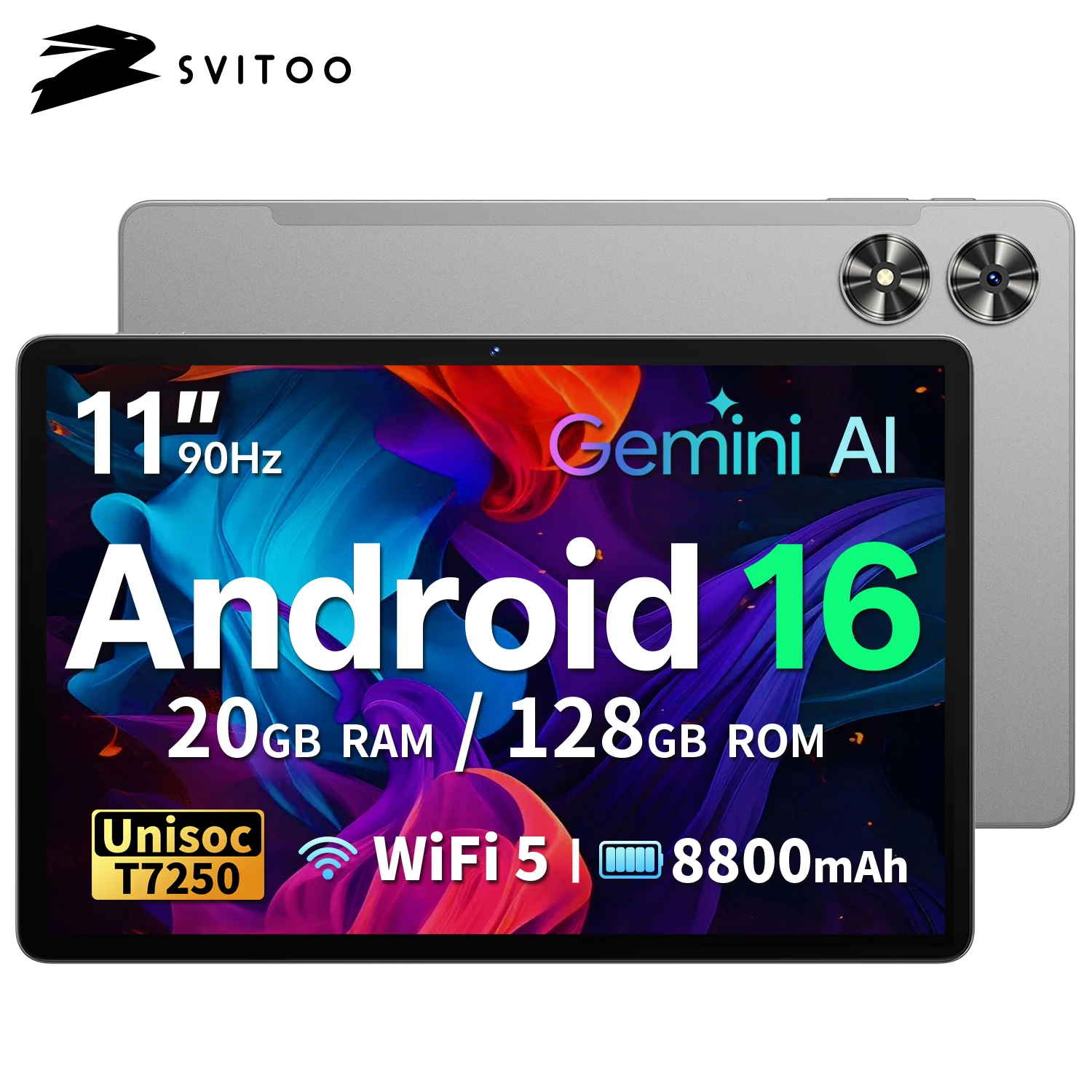 SVITOO Tablet 2026 Android 16 11 Zoll 90Hz HD IPS-Display Unisoc T7250 Octa-Core-Prozessor 20 GB RAM 128 GB ROM (erweiterbar auf 1 TB) 8800 mAh Akku 2,4 GHz/5 GHz Dualband-WLAN 5 Bluetooth 5.0 GPS Widevine L1 Deutsch Image