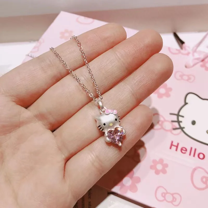 Kawaii Hello Kitty Sanrio Rosa Kristall Halskette Silber Legierung Anime Schmuck Kette Weiblichen Charme Valentinstag Zubehör Mädchen Geschenk