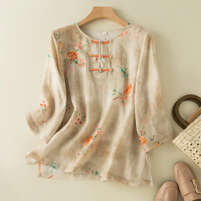 Chinesischen Stil Aprikose Blumen Druck Oansatz Kurzarm T-shirt frauen Bluse Shirt Koreanische Mode Weibliche Kleidung Tops 2024 Image
