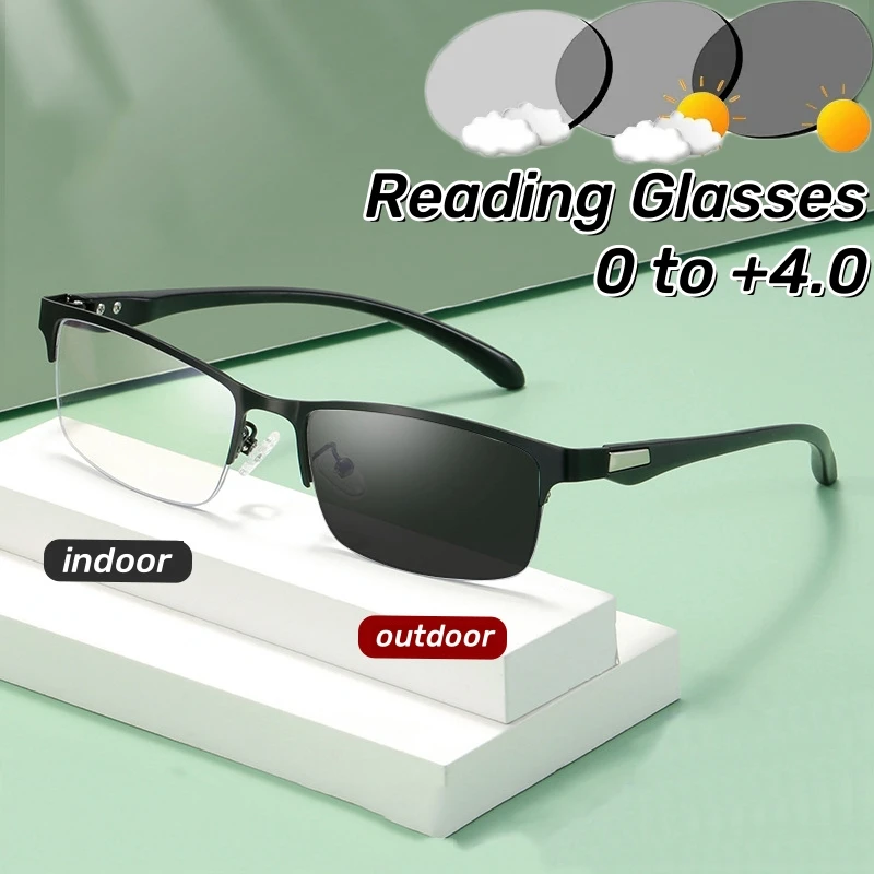 Business Metall Halb Rahmen Photochrome Lesebrille Anti-blau Licht Weit Anblick Gläser Männer High-definition Presbyopie Brille Image