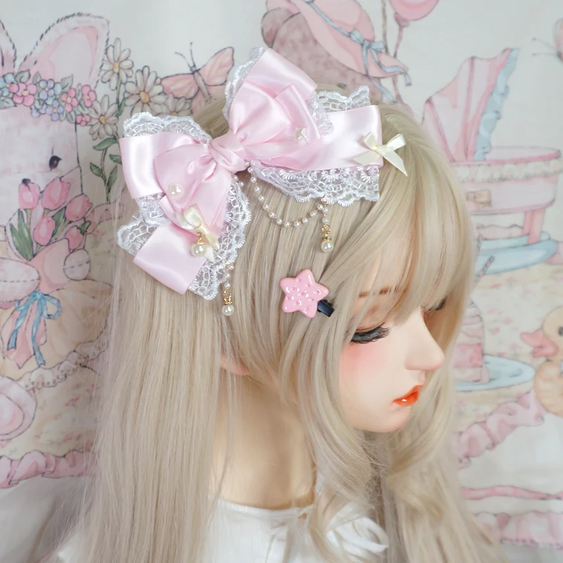 Lolita Kopfschmuck große Spitze Schleife Perle rosa KC süße Prinzessin Kopfbedeckung Lolita Haarspange Lolita Zubehör Image