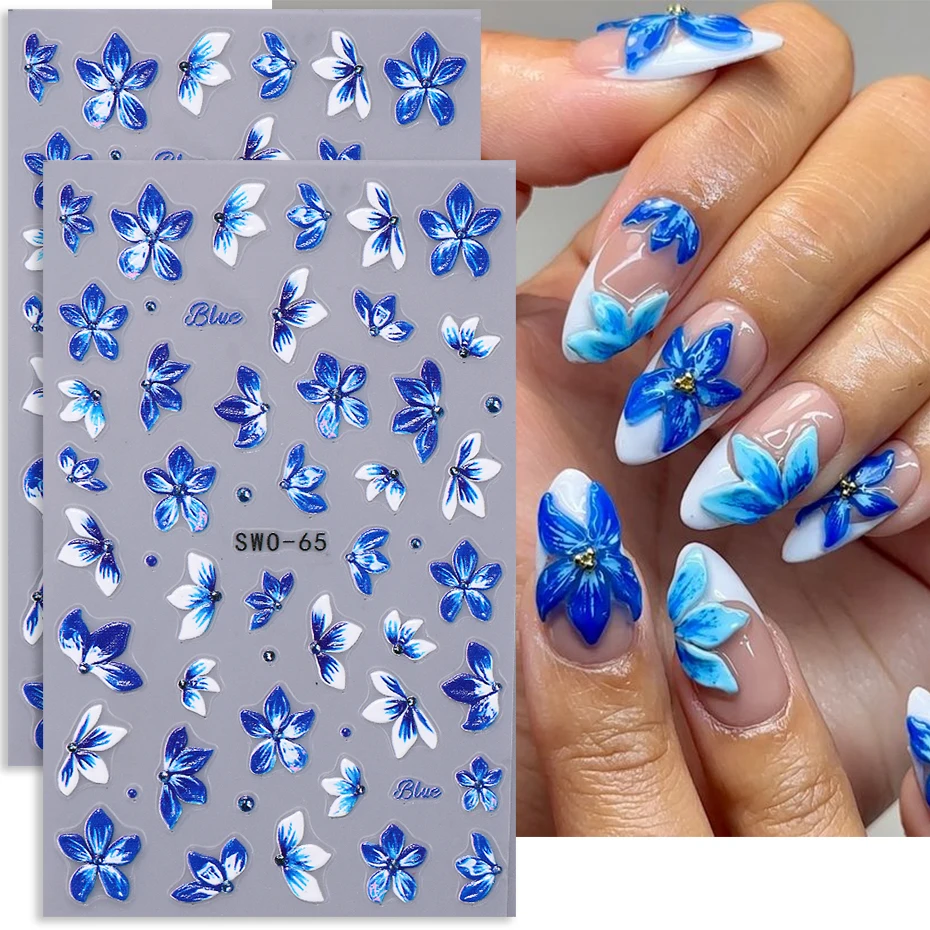 2 Stück 3D-Blumen-Nagelaufkleber, blau, lila Blütenblätter, florale Lilie, Nagelaufkleber, elegantes Dekor, DIY-Klebeschieber, Maniküre-Zubehör Image