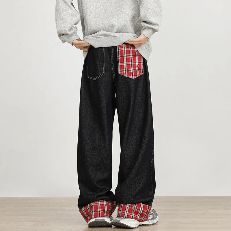 2024 ropa y2k mode rot kariertes patchwork baggy neue jeans hose für männer designer kleidung gerade hip hop luxus lange hose