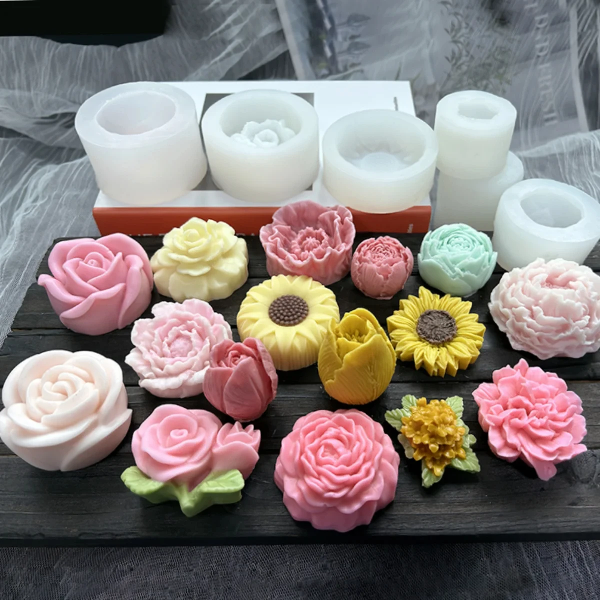 Lotusblume Silikon Kerzenform Sonnenblume Pfingstrose Multi Style Seife Harz Kristallform Herz Rose Schokolade Eisherstellung Set Geschenke Image